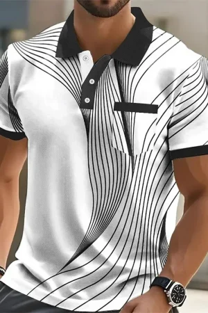 Fashionable summer short-sleeved men's polo shirt with 3d printed stripes, men's lapel, high-quality men's shirt, casual wear