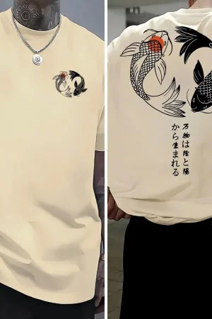 Koi Harajuku Japanese Pattern 100% Pure Cotton Men's T-shirt Summer Daily Outdoor Sports Street Casual Comfortable Short-sleeved