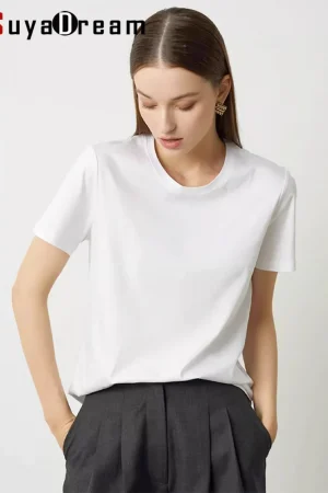 SuyaDream,Women Solid T shirts, 10%Silk 58%Cotton, V Neck, Short Sleeved Tee, 2025 Summer Candy Colors Basic Cozy Top