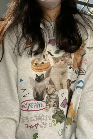 Milk Cat Printed Sweatshirt Autumn Winter Long Sleeve Fashion Streetwear Women Top Harajuku Y2k Aesthetic Graphic Women Clothing