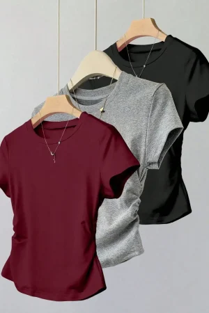 2025 Spring/Summer Autumn New Solid Color Casual Comfortable Women's Short Sleeve T-shirt Three Piece Set