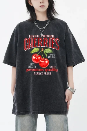 Hand Picked Cherries Print Washed T Shirts Women Breathable Cotton T-Shirt Unisex Female Hip Hop Tee Creative Short Sleeve